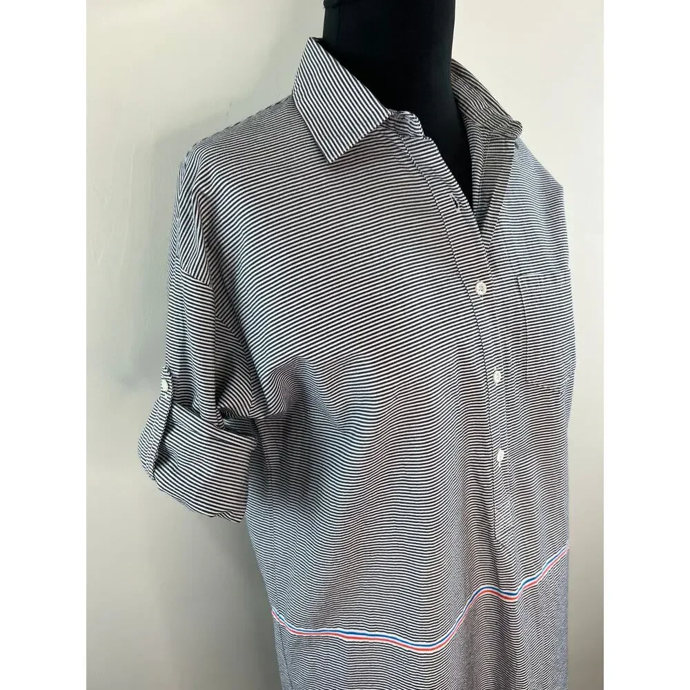 J Crew Black White Striped Roll Tab Sleeve Cotton Boyfriend Popover Size 4